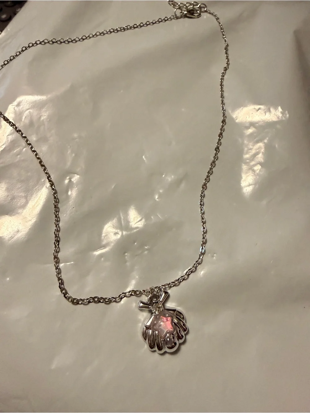 Silver Shell Pendant Necklace with Pink Accent - Women Jewelry